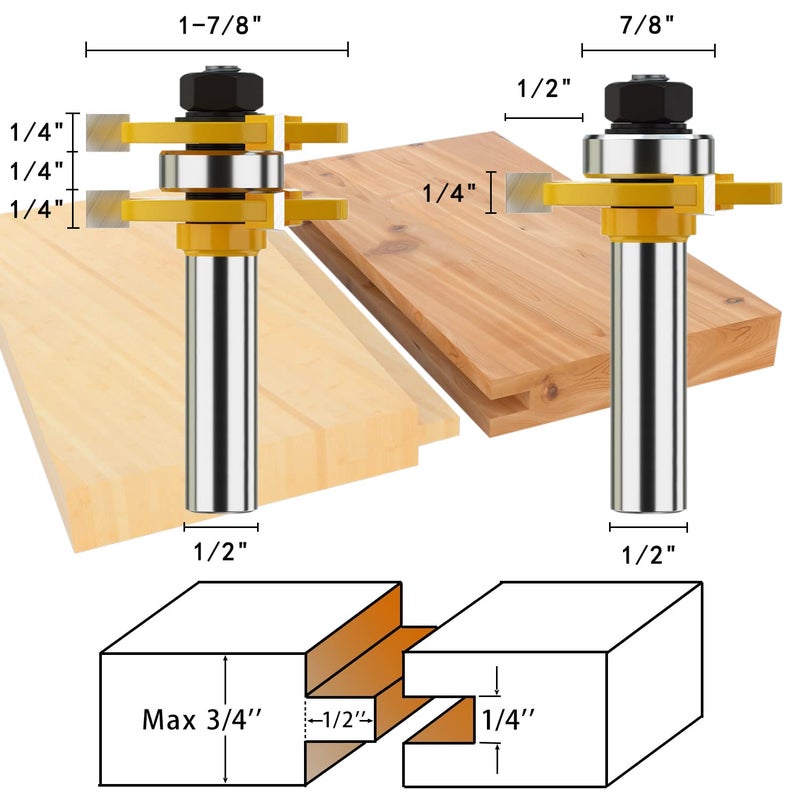 Helovmine Tongue and Groove Router Bits Tool Set with 1/2" Shank, 3 Teeth T Shape Wood Milling Cutter Woodworking Tool, 45 Degree Lock Miter Router Bit, 3/4" Cutting Height Joint Router Bits - Image 2